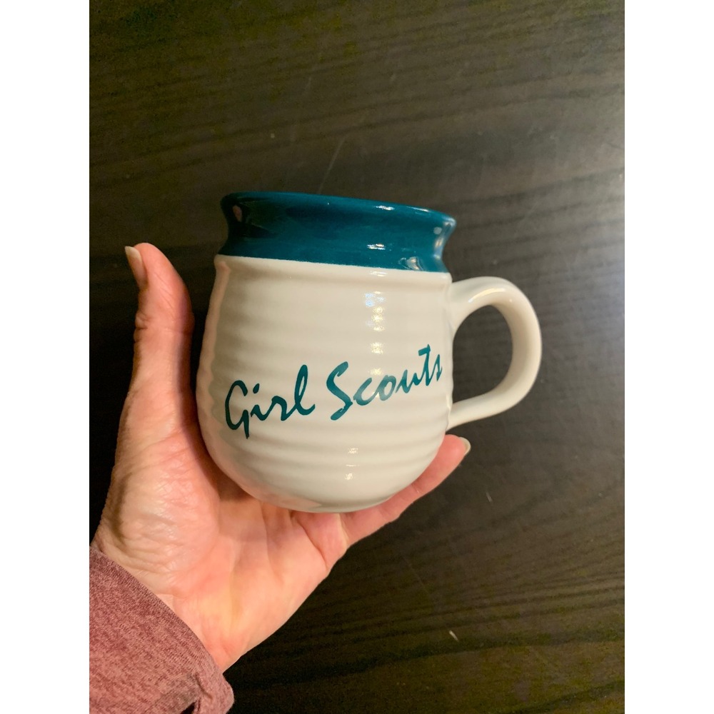 Girl Scouts‎ Ceramic Coffee Mug Teal Green White Ribbed Beehive Made in USA